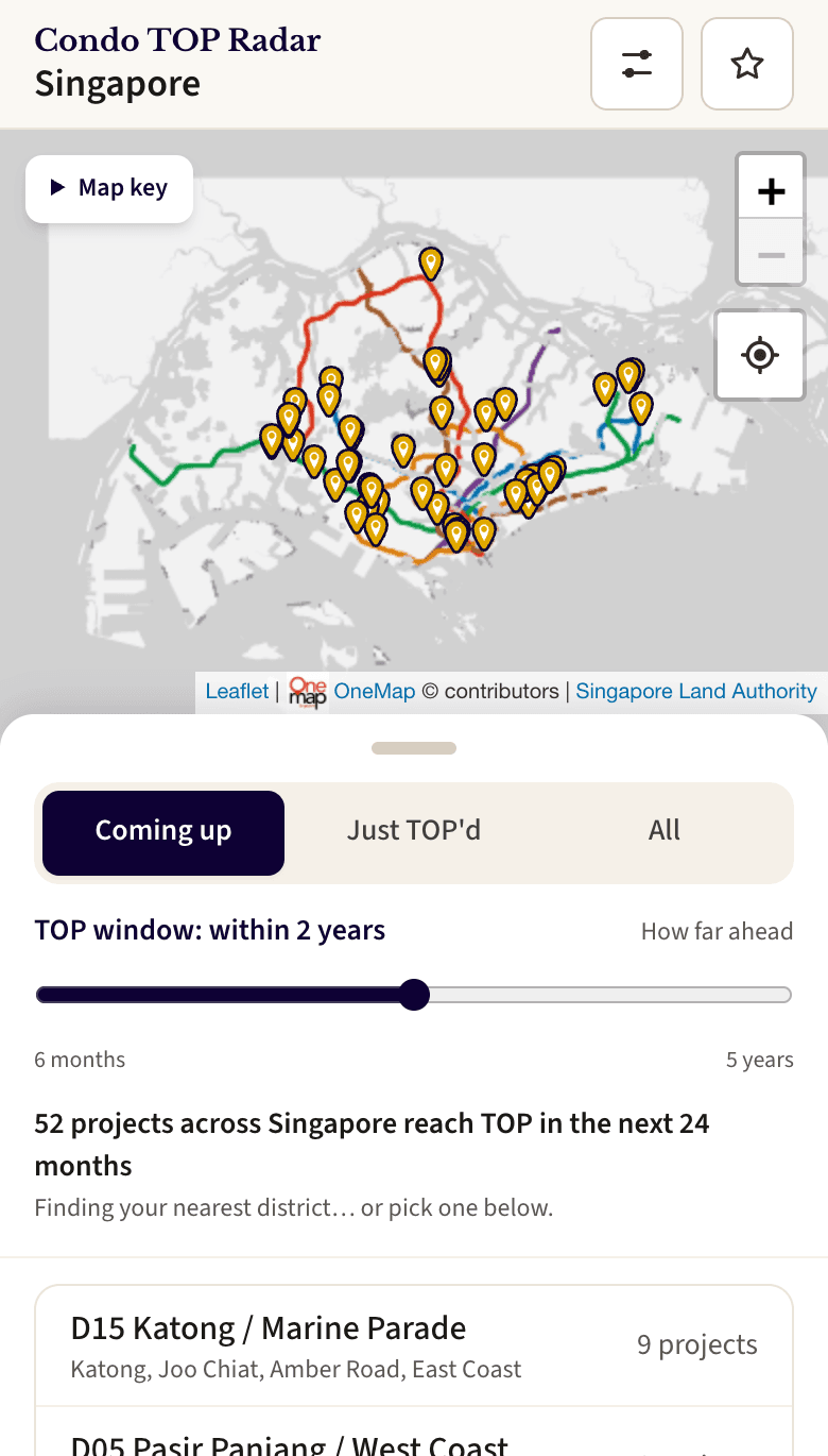 Condo TOP Radar on a phone: a map of Singapore with pins for the 52 projects reaching TOP in the next 24 months, above a list of districts.
